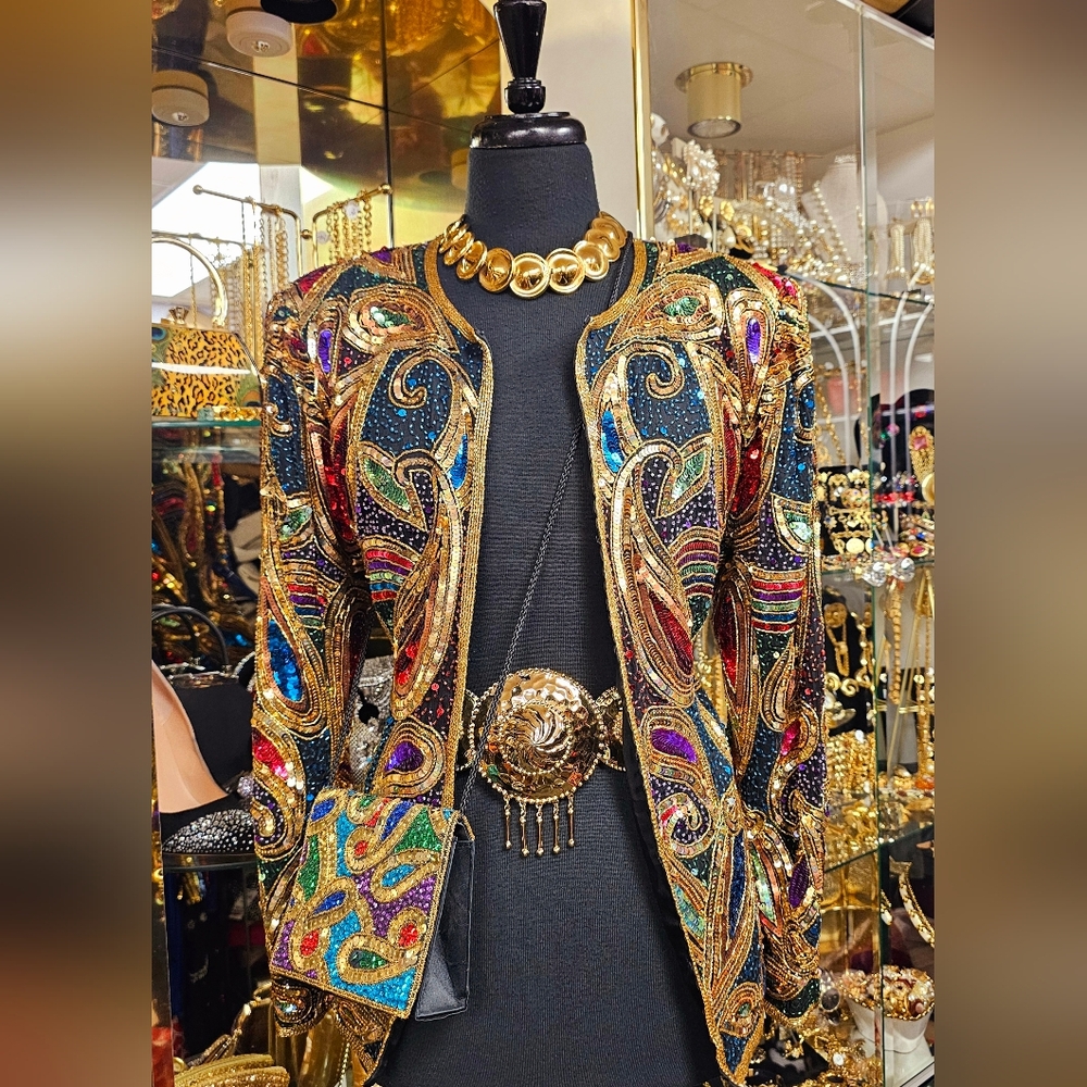 Vintage Colorful Beaded Jacket Blazer with Gold Accents